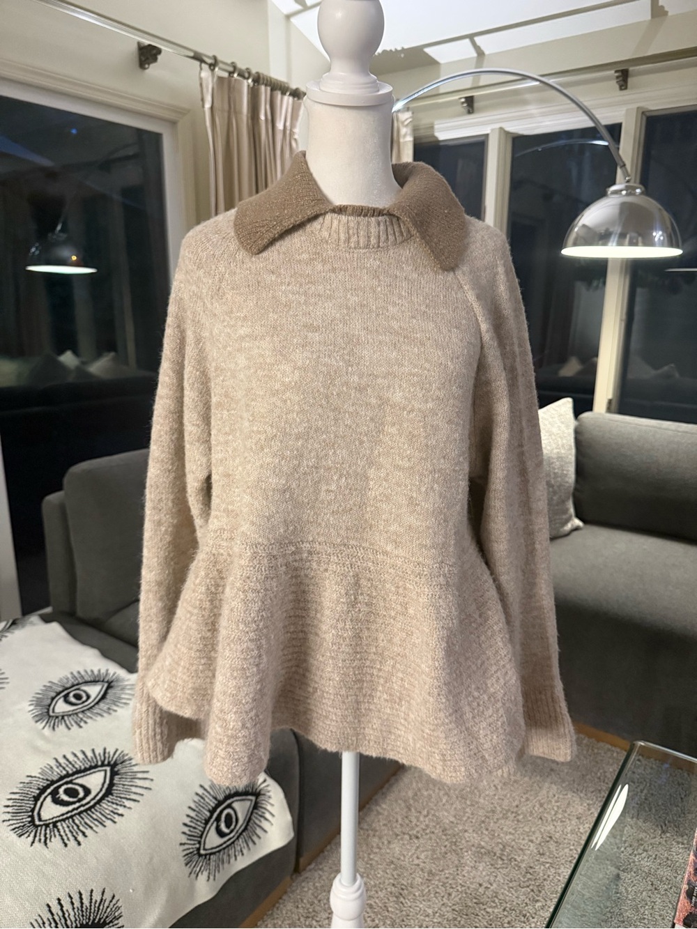 CeCe Beige Peplum Sweater with Contrast Collar